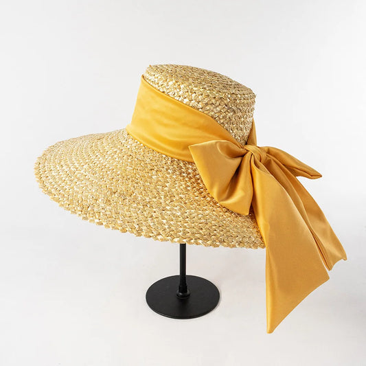 High-quality hand-knitted petal Wheat Straw flat top large eaves basin hat women's fashion big bow beach sun shade straw hat - Novo Fusion