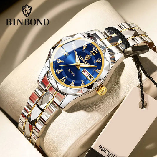 BINBOND B2521 Top Brand Luxury Fashion Business Womens Quartz Watches 30M Waterproof Week Date Clock Sport Womens Wristwatch - Novo Fusion