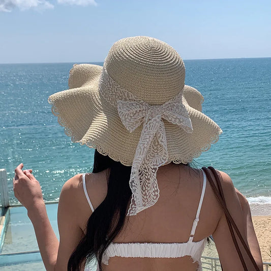 Women's Straw Hat Spring and Summer Lace Bow Large Brim Breathable Foldable Sunshade Caps Beach Cap Sweet Fisherman Hat S131 - Novo Fusion