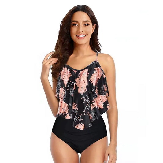 8 Colors Women Ruffled Tankini Set Padded Top With Adjustable Shoulder Straps Elastic Slim Knitted High Waisted Beachwear 2024 - Novo Fusion
