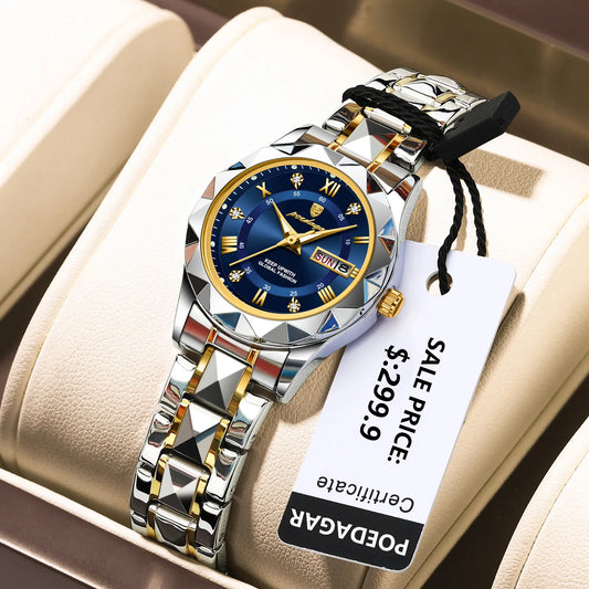 POEDAGAR Luxury Ladies Dress Watch Luminous Waterproof Week Date Woman Wristwatch Stainless Steel Women Quartz Watches reloj+box - Novo Fusion