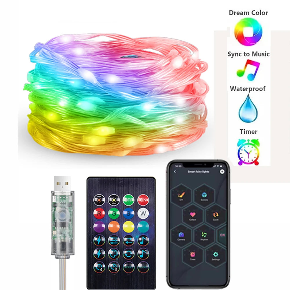 Christmas Tree Decoration LED Leather Line Light RGB IC USB 5V Bluetooth APP Control WS2812B LED Fairy Tale Light String Wedding - Novo Fusion