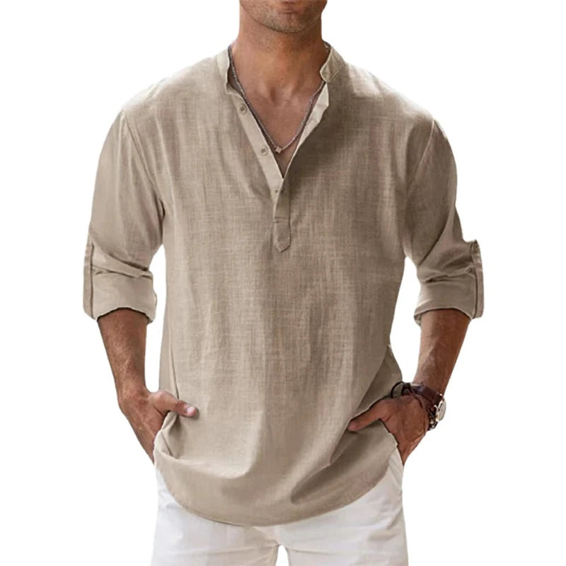 New Cotton Linen Shirts for Men Casual Shirts Lightweight Long Sleeve Henley Beach Shirts Hawaiian T Shirts for Men - Novo Fusion