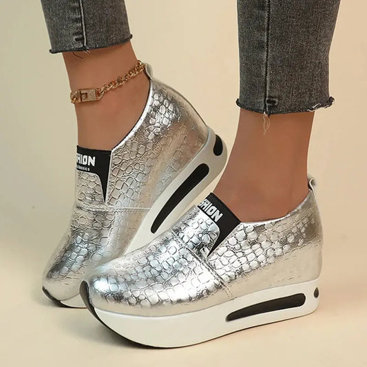 Silver PU Leather Platform Sneakers Women Casual Non-Slip Thick Sole Sports Shoes Woman Plus Size Slip-On Loafers Zapatos Mujer - Novo Fusion