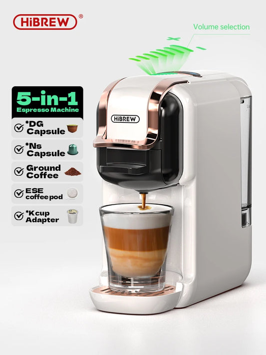 HiBREW 5 in 1 Multiple Capsule Coffee Machine Hot/Cold DG Cappuccino Nes Small Capsule ESE Pod Ground Coffee Cafeteria 19Bar H2B - Novo Fusion