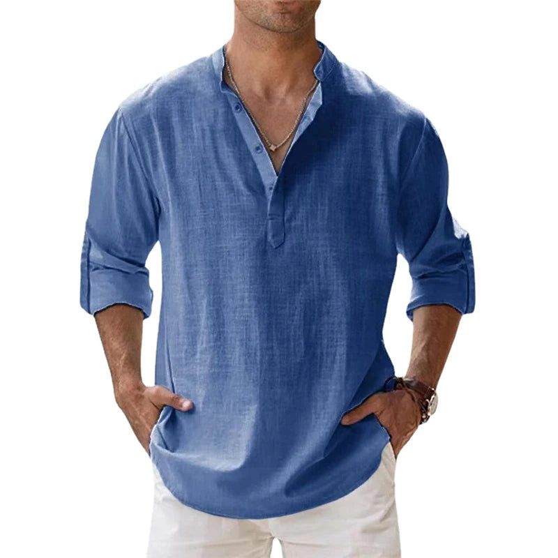 New Cotton Linen Shirts for Men Casual Shirts Lightweight Long Sleeve Henley Beach Shirts Hawaiian T Shirts for Men - Novo Fusion