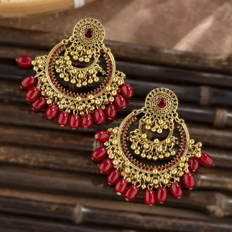 Retro Women Indian Earrings Jhumka Jewelry Bohemian Ethnic Hollow Earrings Vintage Red Crystal Beads Bell Tassel Earrings Female - Novo Fusion