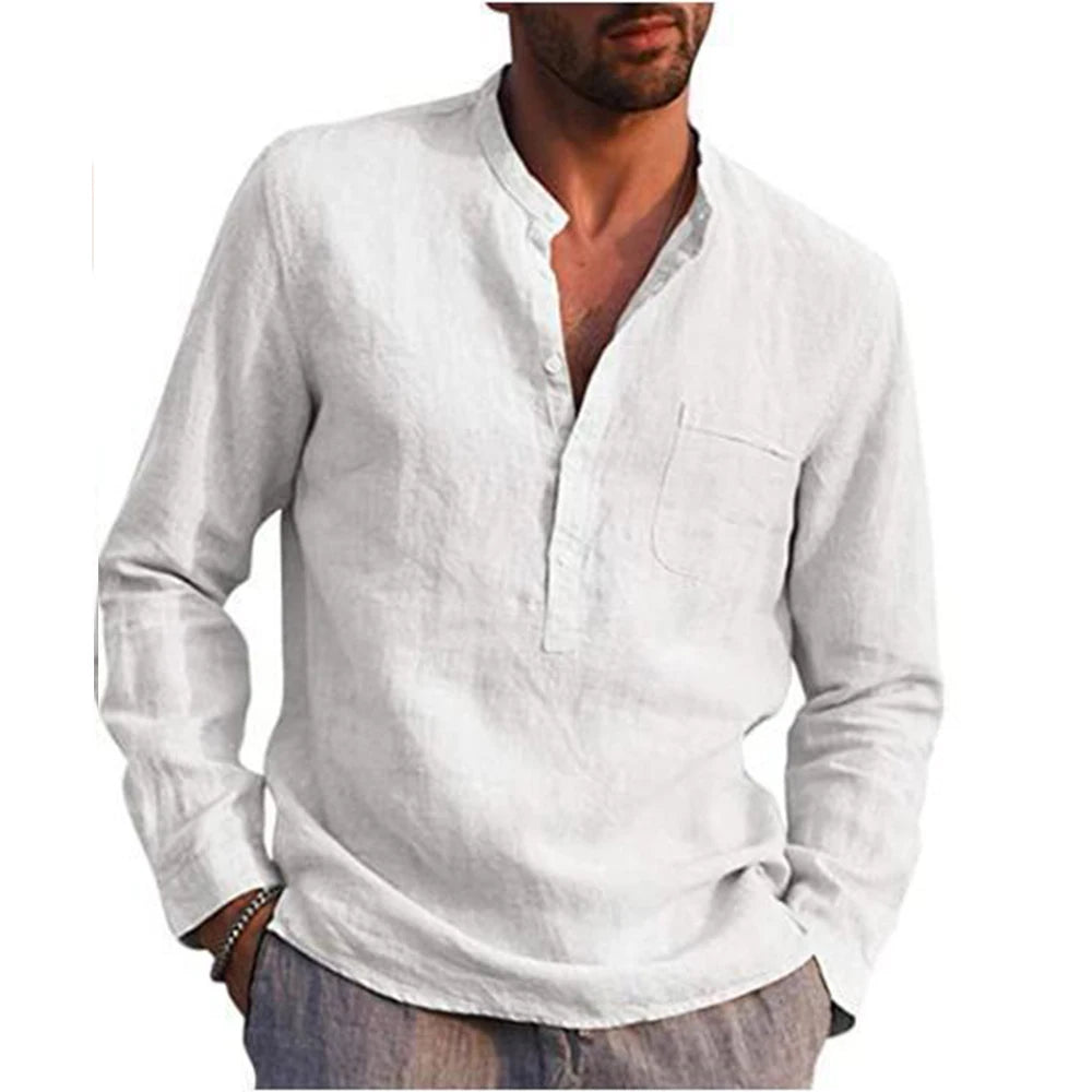 Cotton Linen Hot Sale Men's Long-Sleeved Shirts Summer Solid Color  Stand-Up Collar Casual Beach Style Plus Size - Novo Fusion