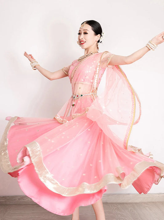 Exotic Indian Dance Skirt Women's Dance Skirt Flowing Sari Top Big Swing Skirt Cold Ha Three Piece Set Novo Fusion - Chic Essentials for Life's Canvas