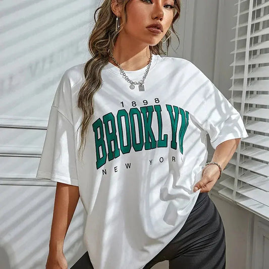 New 1898 Brooklyn Prit Women T-Shirt York Letter Drop Shoulder Oversized T Shirt Vintage Simple Clothes Female T Shirt Top - Novo Fusion
